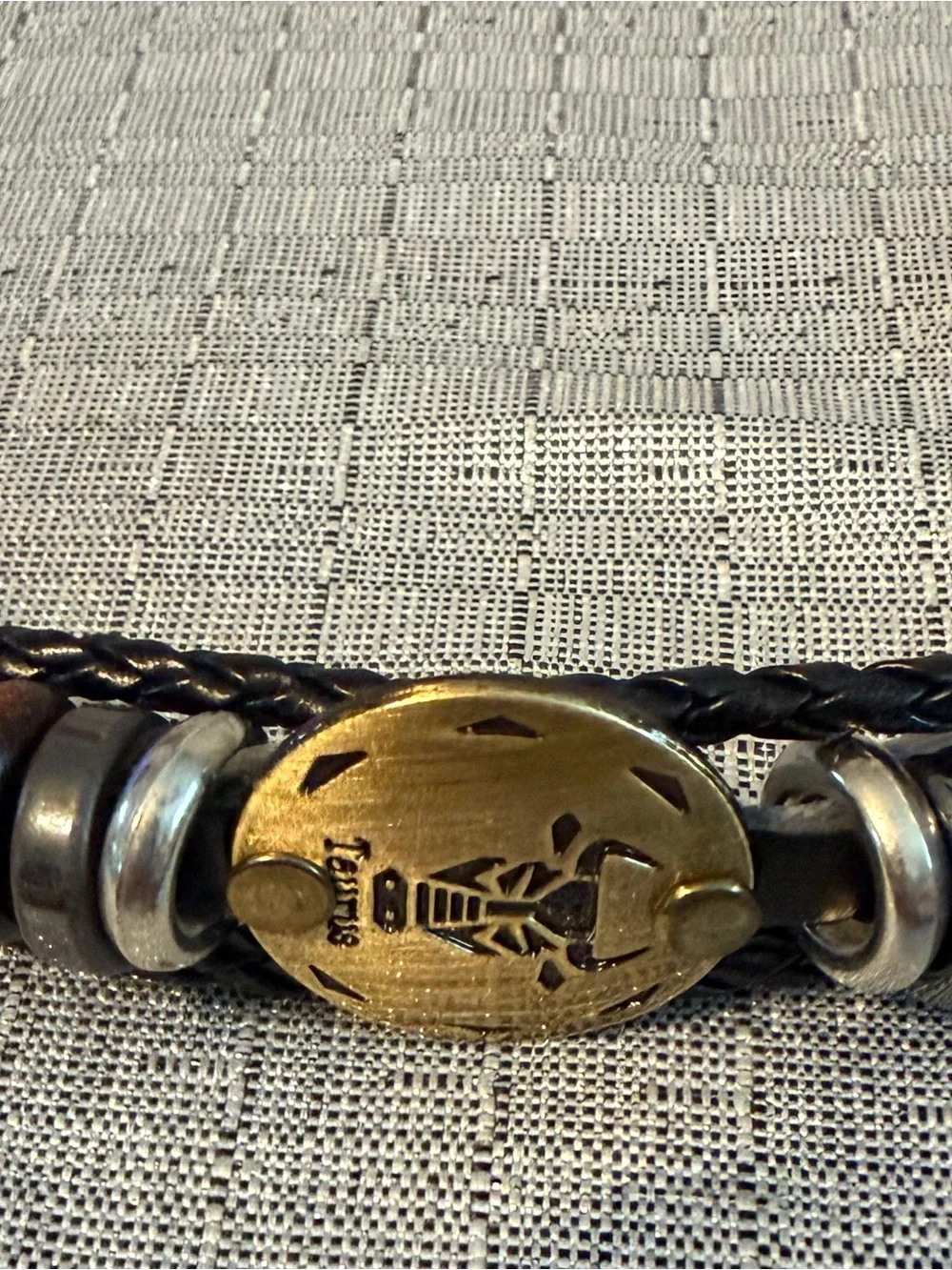 Black Leather Taurus Bracelet with Brass Accent